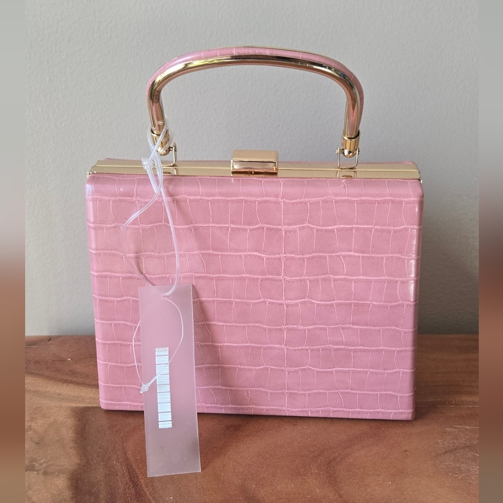 New Pink Croc-Embossed Box Handbag with Gold Hardware